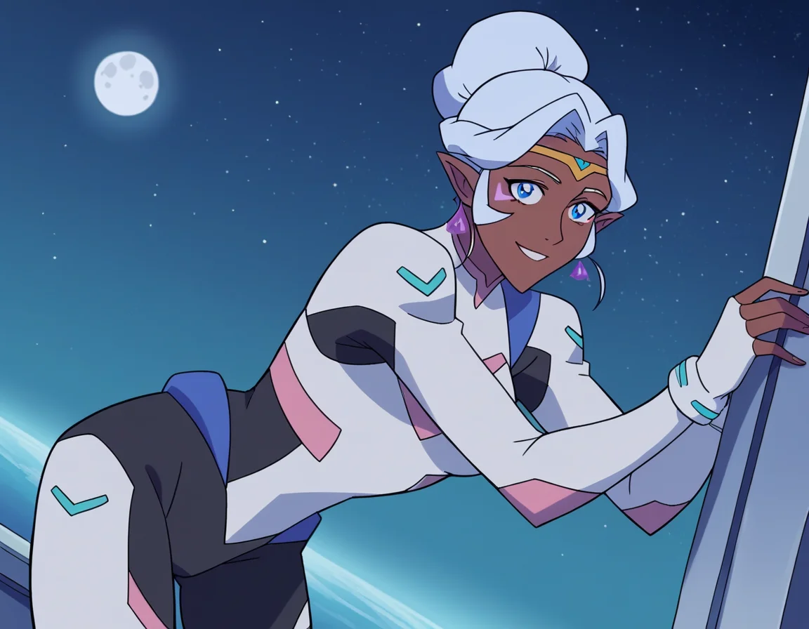 score_9, score_8_up, score_7_up, source_anime,
princessallura, <lora:princess-allura-anime-ponyxl-lora-nochekaiser:1>,
allura, blue eyes, white hair, pointy ears, dark skin, dark-skinned female, facial mark, elf, dark elf,
jewelry, earrings, hair bun, bodysuit,
outdoors, space, starry sky, moon, night, bent over, smile,
looking at viewer, cowboy shot, solo, dutch angle,