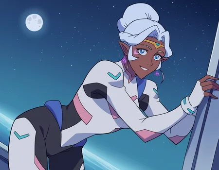 score_9, score_8_up, score_7_up, source_anime,
princessallura, <lora:princess-allura-anime-ponyxl-lora-nochekaiser:1>,
allura, blue eyes, white hair, pointy ears, dark skin, dark-skinned female, facial mark, elf, dark elf,
jewelry, earrings, hair bun, bodysuit,
outdoors, space, starry sky, moon, night, bent over, smile,
looking at viewer, cowboy shot, solo, dutch angle,