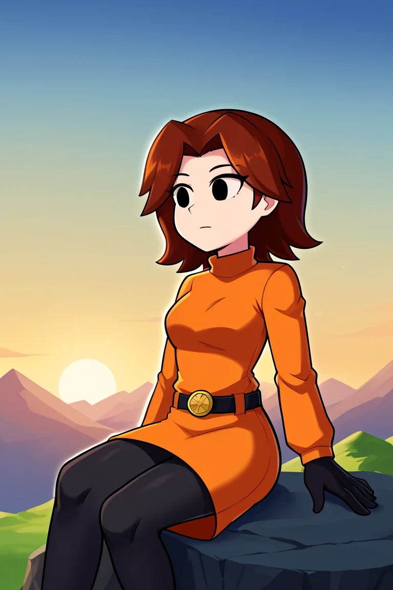 solo, 1girl, sbmiigunner, brown hair, black eyes, parted bangs, medium hair, solid eyes, gloves, long sleeves, Black Leggings, turtleneck, sweater Dress, Orange Dress, Belt, sitting on rock, cliff, floating island, cliffsides, sunset, orange lights, expressionless, looking ahead, close-up, cloudy sky