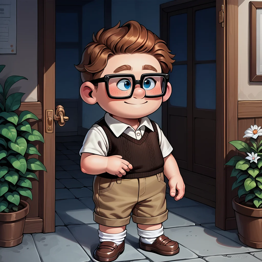score_9, score_8_up, score_7_up, score_6_up, score_5_up, score_4_up, <lora:df-000008:0.9> ucarlminor, ucarlyoun 1boy, solo, child:1.2, chubby, glasses, white shirt, sweater vest, pants rolled up, white socks, brown shoes, male focus, indoors, standing, light smile,