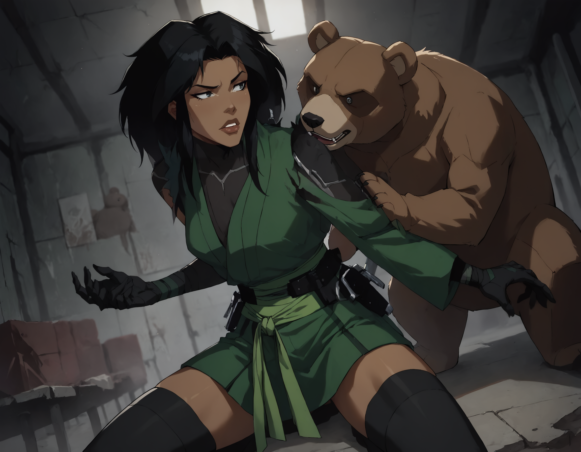 score_9, score_8_up, score_7_up, face focus, extreme closeup, detailed face, 1girl, woman, a mature female, (tall slim athletic female:1.3), skinny, dark-skinned female, black hair, (Pretending to hug a teddy bear), 
gloves, thighhighs, japanese clothes, black gloves, black thighhighs, green kimono, bodysuit, belt,
(abandoned warehouse, industrial),
ch3shire,
 <lora:ch3shire:1>,
 <lora:Blacklight_XL:0.5> blacklight,
 <lora:- SDXL - vanta-black_contrast_V3.0:0.5>,
 <lora:Concept Art DarkSide Style LoRA_Pony XL v6:0.5>, low light,