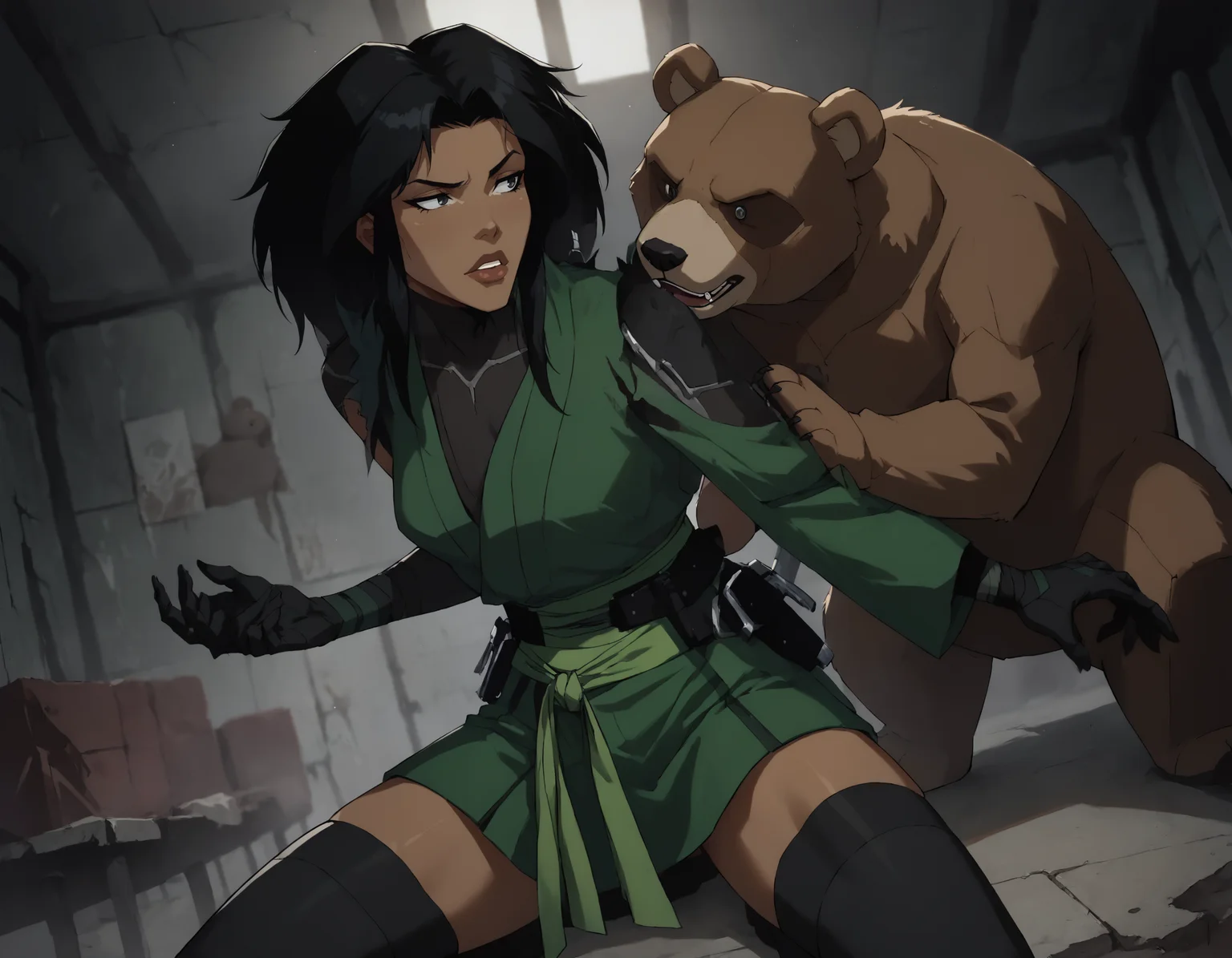 score_9, score_8_up, score_7_up, face focus, extreme closeup, detailed face, 1girl, woman, a mature female, (tall slim athletic female:1.3), skinny, dark-skinned female, black hair, (Pretending to hug a teddy bear),
gloves, thighhighs, japanese clothes, black gloves, black thighhighs, green kimono, bodysuit, belt,
(abandoned warehouse, industrial),
ch3shire,
<lora:ch3shire:1>,
<lora:Blacklight_XL:0.5> blacklight,
<lora:- SDXL - vanta-black_contrast_V3.0:0.5>,
<lora:Concept Art DarkSide Style LoRA_Pony XL v6:0.5>, low light,