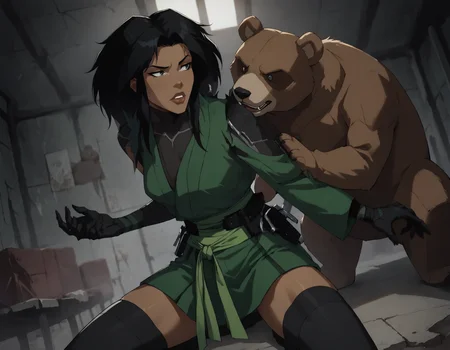 score_9, score_8_up, score_7_up, face focus, extreme closeup, detailed face, 1girl, woman, a mature female, (tall slim athletic female:1.3), skinny, dark-skinned female, black hair, (Pretending to hug a teddy bear),
gloves, thighhighs, japanese clothes, black gloves, black thighhighs, green kimono, bodysuit, belt,
(abandoned warehouse, industrial),
ch3shire,
<lora:ch3shire:1>,
<lora:Blacklight_XL:0.5> blacklight,
<lora:- SDXL - vanta-black_contrast_V3.0:0.5>,
<lora:Concept Art DarkSide Style LoRA_Pony XL v6:0.5>, low light,