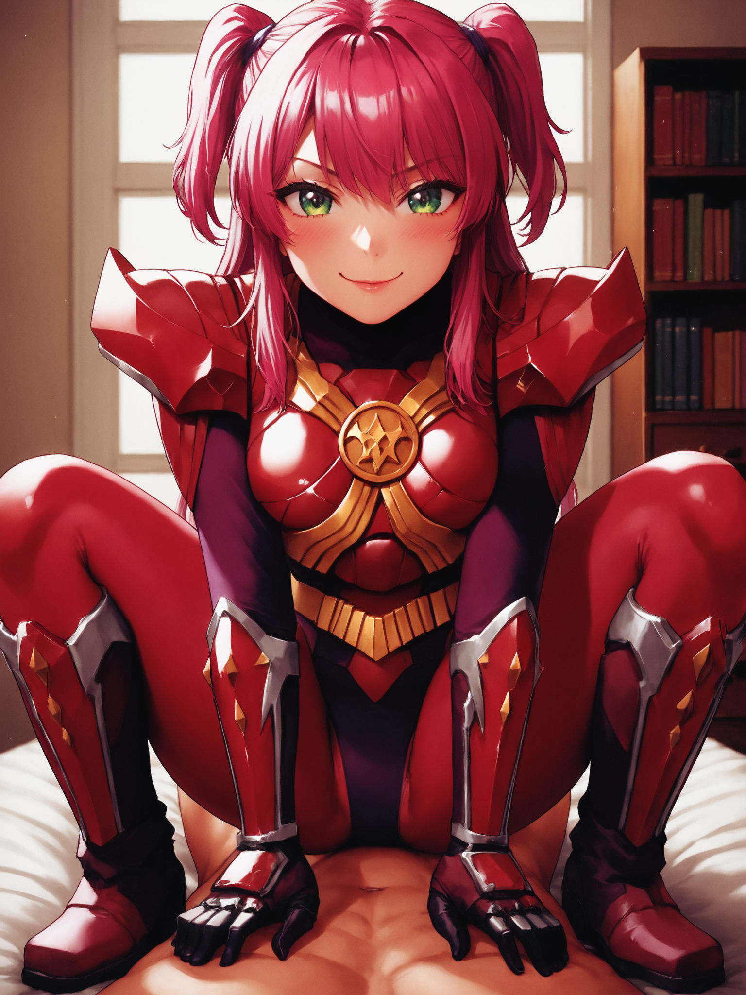 score_9, score_8_up, score_7_up, source_anime, zPDXL, zPDXLpg, <lora:offset_0.2:0.1>, <lora:spo_sdxl_10ep_4k-data_lora_webui:1>,
1girl, solo focus,
sazervelsou, red bodysuit, purple leotard, belt, armor, gauntlets, boots, <lora:Sazer_Velsou:1>,
pink hair, long hair, two side up, long bangs, green eyes,
smug, smile, blush, looking at viewer, 
straddling, cowgirl position, girl on top, squatting, hands on another's chest,
1boy, pov, clothed female nude male,
indoors, bedroom, bed, window, bookshelf, chest of drawers