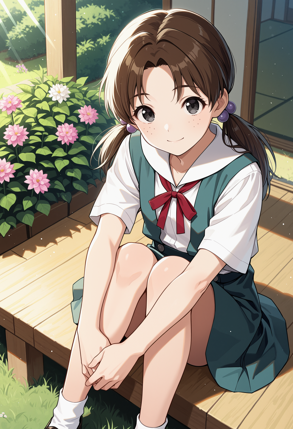 masterpiece, best quality, 1girl, solo, hikarihoraki, brown hair, twintails, freckles, hair bobbles, long hair, , outdoors, garden, sunlight, day, bush, sitting, hugging own legs, knees up, knees to chest, own hands together, from above, black eyes, short sleeves, suspender skirt, tokyo-3 middle school uniform, ribbon, grass, flower, porch, looking at viewer, closed mouth, smile