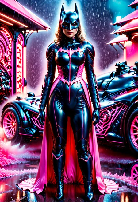 mature female Batman next to pink Batmobile, cinematic, photo, anatomic correct bodies, extremely realistic, lots of detail, full body, hdr, cinematography, raining, epic, night, SilverPulse, fully dressed, p1nk1r1sc4l3s, made out of iridescent scales, 29 years old, Instagram_Influencer_187_By_Stable_Yogi. <lora:coralbugXL:1.6> , coralbugXL, closed suit, high neck closure, fully dressed, long dress, latex downsuit.