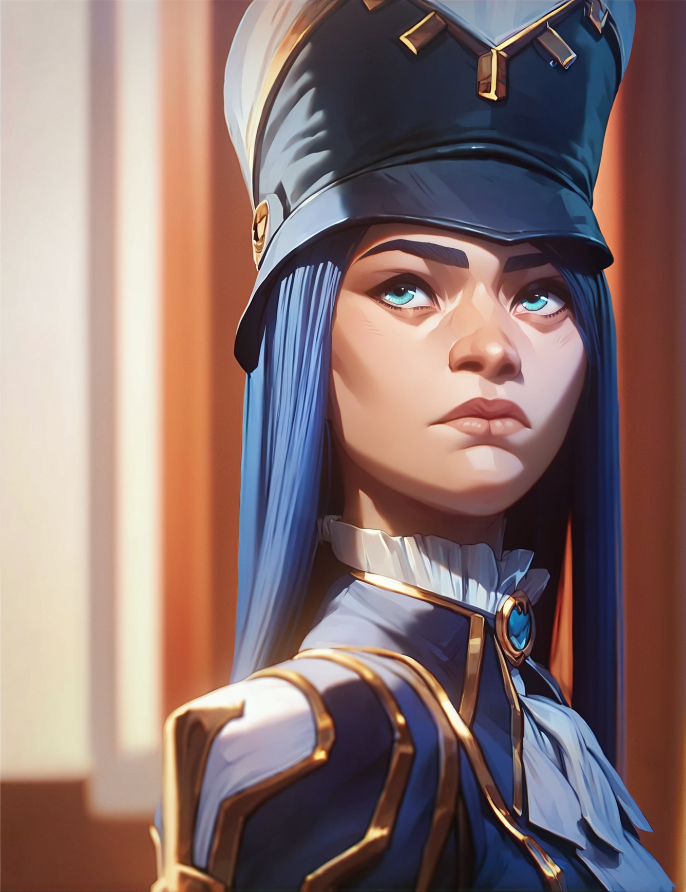 score_9, score_8_up, score_7_up,score_9, score_8_up, score_7_up, 1girl,  <lora:Catelyn:0.85>,1girl, blue hair, cat_k, long hair,  cap, blue eyes, skinny,uniform,  asian,