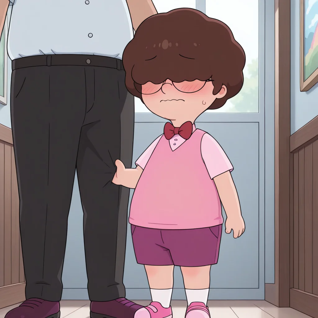 toon \(style\), BREAK ((masterpiece, colorful, detailed background, absurdres, amazing quality)), <lora:mrfrond-v5:0.75> (bb-mfminor), hair_covered_eyes, 1boy, child, toddler, glasses, hair over eyes, red bowtie, light-pink t-shirt, pink vest, pink-purple shorts, white socks, pink shoes, white t-shirt, black pants, holding backpag, nervous, school, solo focus, blush,