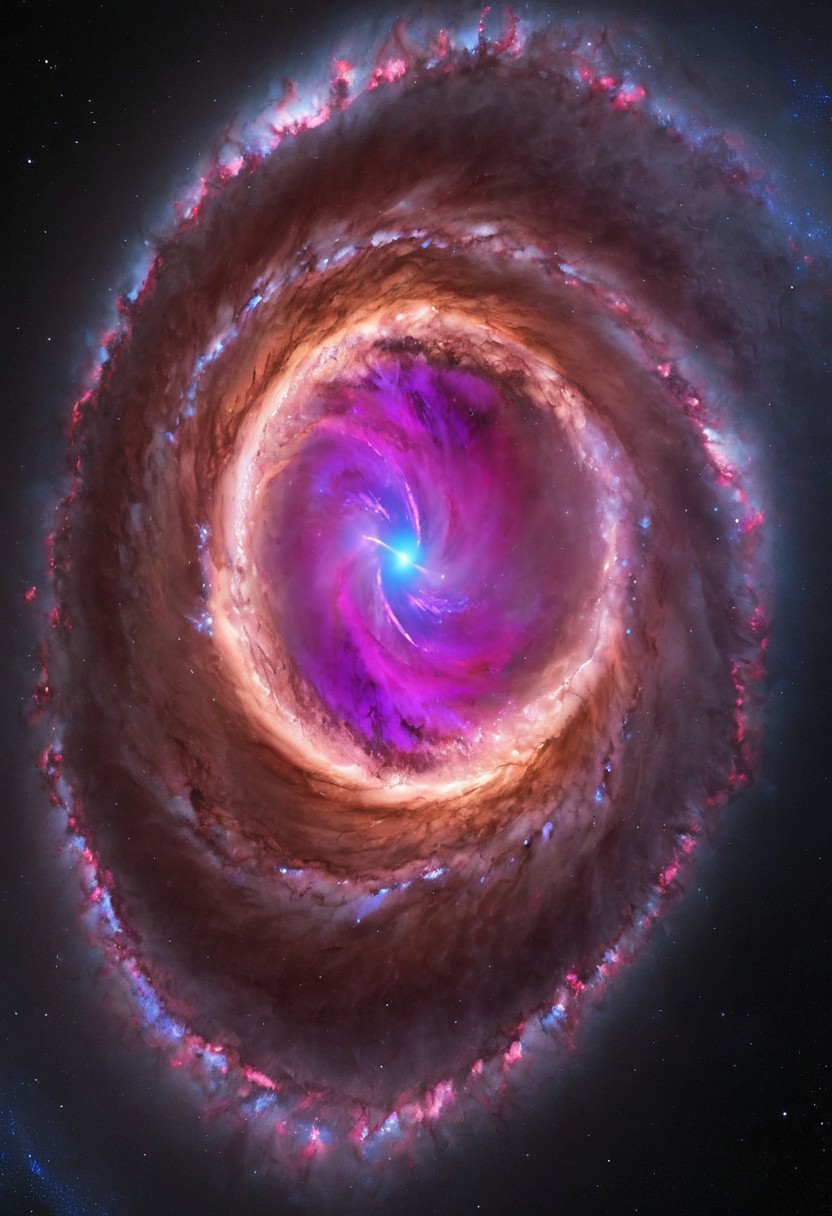 a dynamic and breathtaking image of the universe with vibrant colors and dramatic lighting. Show a swirling nebula in the foreground with bright, intense hues of blue, purple, and pink. In the background, depict a distant galaxy with spiraling arms and scattered stars. Include a supernova explosion, radiating brilliant light, and a mesmerizing black hole at the center, with cosmic debris swirling around it. Add a hint of distant planets and asteroids to create a sense of scale and depth. Make the entire scene feel alive and constantly in motion.