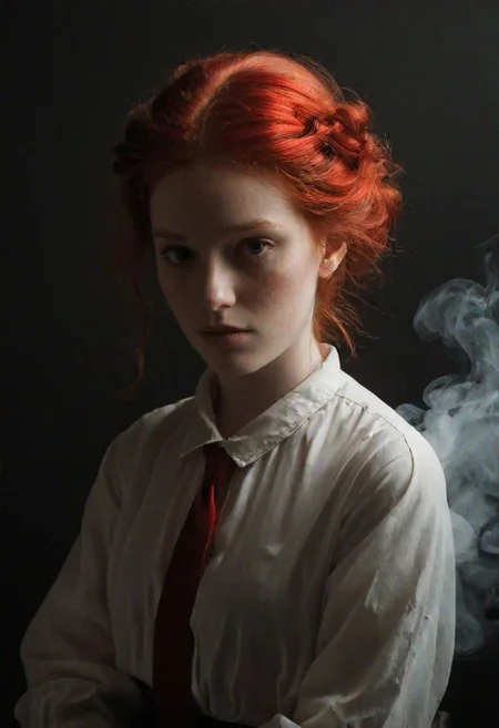 1girl, red hair, Rembrandt Lighting Style, low light, darkness, (smoke:0.6),  RBW-XL, dvr-trd art by alexeyegorov