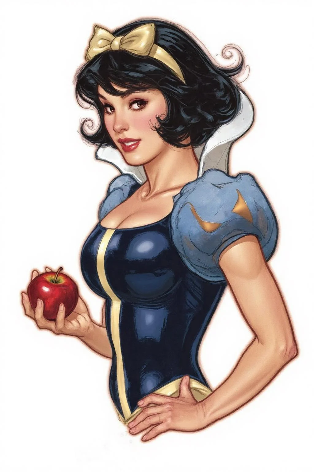 adhughes1 illustration in a comic book style
Snow White with dark hair styled in voluminous waves, adorned with a bow on top. She is depicted in a fitted, low-cut, dark blue dress with puffed sleeves, holding an apple. <lora:adhughes1_cap_d8a4e12:1.0><lora:832433776861815997:0>