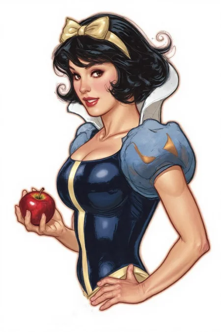 adhughes1 illustration in a comic book style
Snow White with dark hair styled in voluminous waves, adorned with a bow on top. She is depicted in a fitted, low-cut, dark blue dress with puffed sleeves, holding an apple. <lora:adhughes1_cap_d8a4e12:1.0><lora:832433776861815997:0>