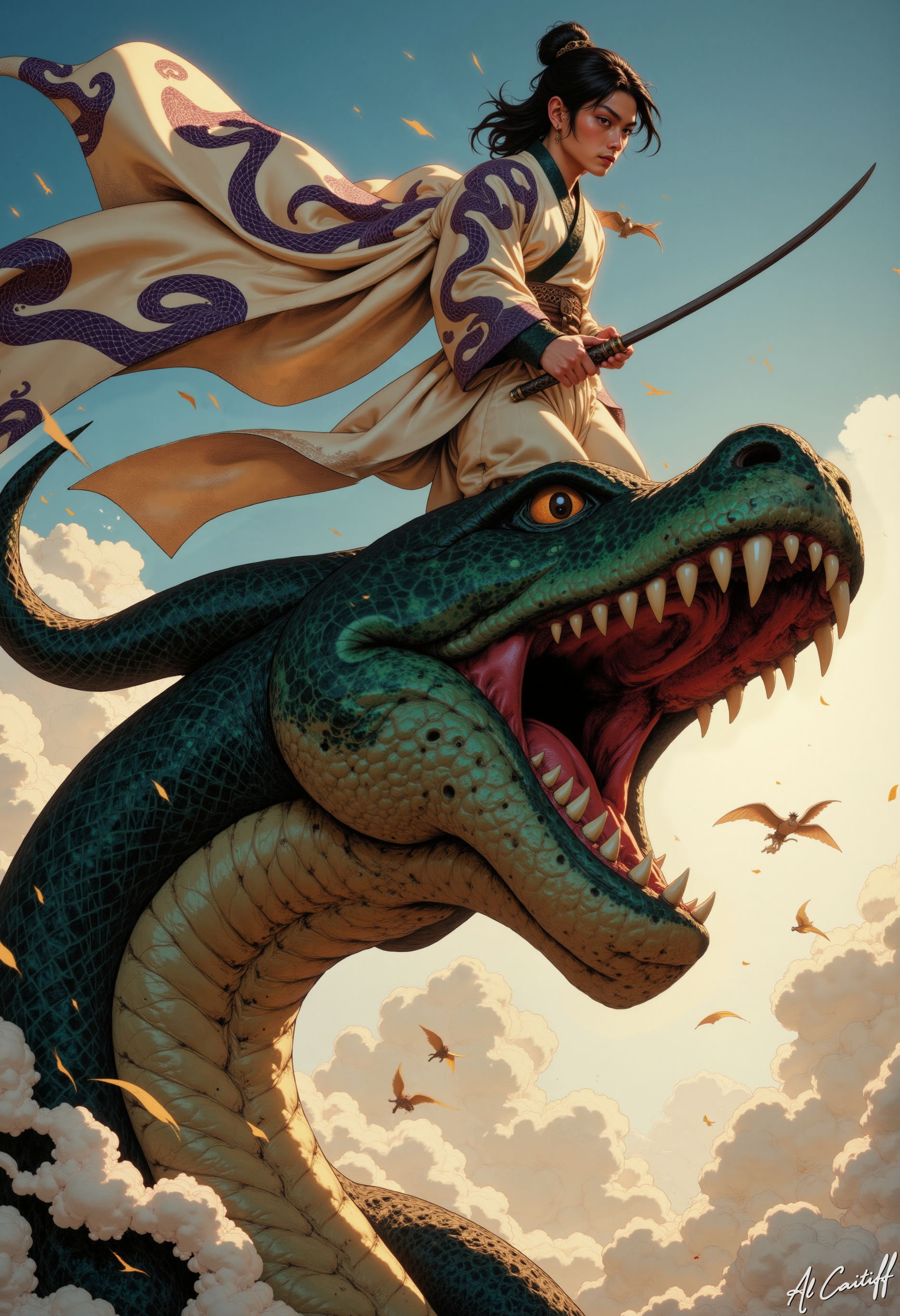 Up in the blue sky, white clouds and a cinematic image, a man with dark short hair, clad in a flowing, white snake hanfu with purple snakes, stands atop a majestic, dark-green colossal giant serpent head, its scales glistening like polished jewels. The snake's massive body undulates as it rises from the depths, clouds of golden dust swirling around it. The warrior, his dark hair wild and wind-tousled, his black eyes blazing with fierce determination, golden light of the setting sun. As she springs into action, the serpent's fangs swipe through the air, sending clouds of dust and debris flying in all directions. The warrior's white snake hanfu with purple snakes flows behind him like a banner, its folds rippling with the motion of his body. His feet, grip the serpent's scaly head as he stands low, holding his sword, his muscles tensed. The image is bathed in a warm, golden light, as if the sun itself is setting behind the giant snake, casting long shadows. The style is reminiscent of classic Chinese art, with bold lines and vibrant colors. The camera angle is low and dynamic, as if the viewer is witnessing the action flying in the sky with the man and the snake., MysticComic<lora:00-test/SnakeHanfu-000037.safetensors:1.0:1.0> <lora:CustomFlux/MysticComic-v3.safetensors:0.1:0.1> <lora:CustomFlux/MysticFantasy.safetensors:0.1:0.1>