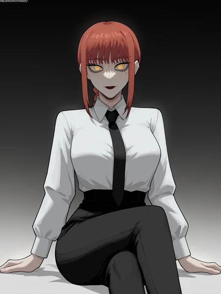 score_9, score_8_up, score_7_up, score_6_up, score_5_up, score_4_up,
BREAK
makima \(chainsaw man\), red hair, yellow eyes, braid, looking at viewer,
BREAK
sitting, crossed legs, large breasts, white collared shirt, black pants,
BREAK
black background, <lora:Lunas-K3nnyn3v-SDXL-A1:1>