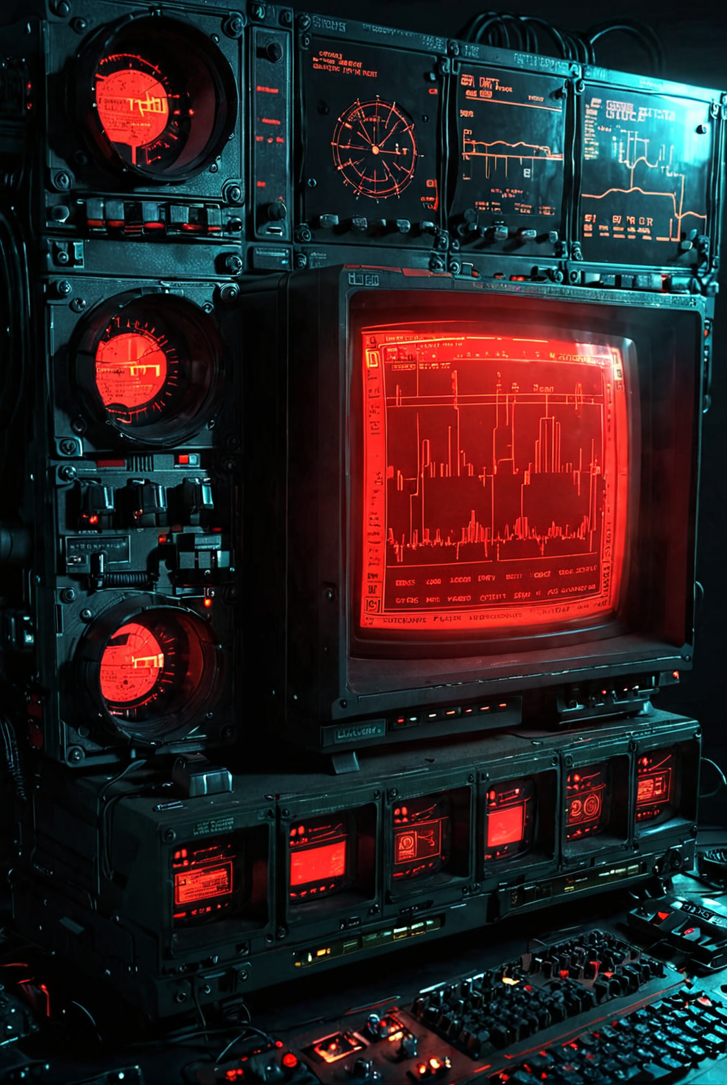 red computer unit, red glowing dials, dark atmosphere, cyberpunk, crt graphics, sin waves, oscilloscope, signals, matrix style
[reflections, realistic soft lighting, realistic, high quality photo, 4k, hd, 7-AnalogueInterfaces]
 <lora:Analogue Interfaces v1.0:0.8> <lora:add-detail-xl:0.5>