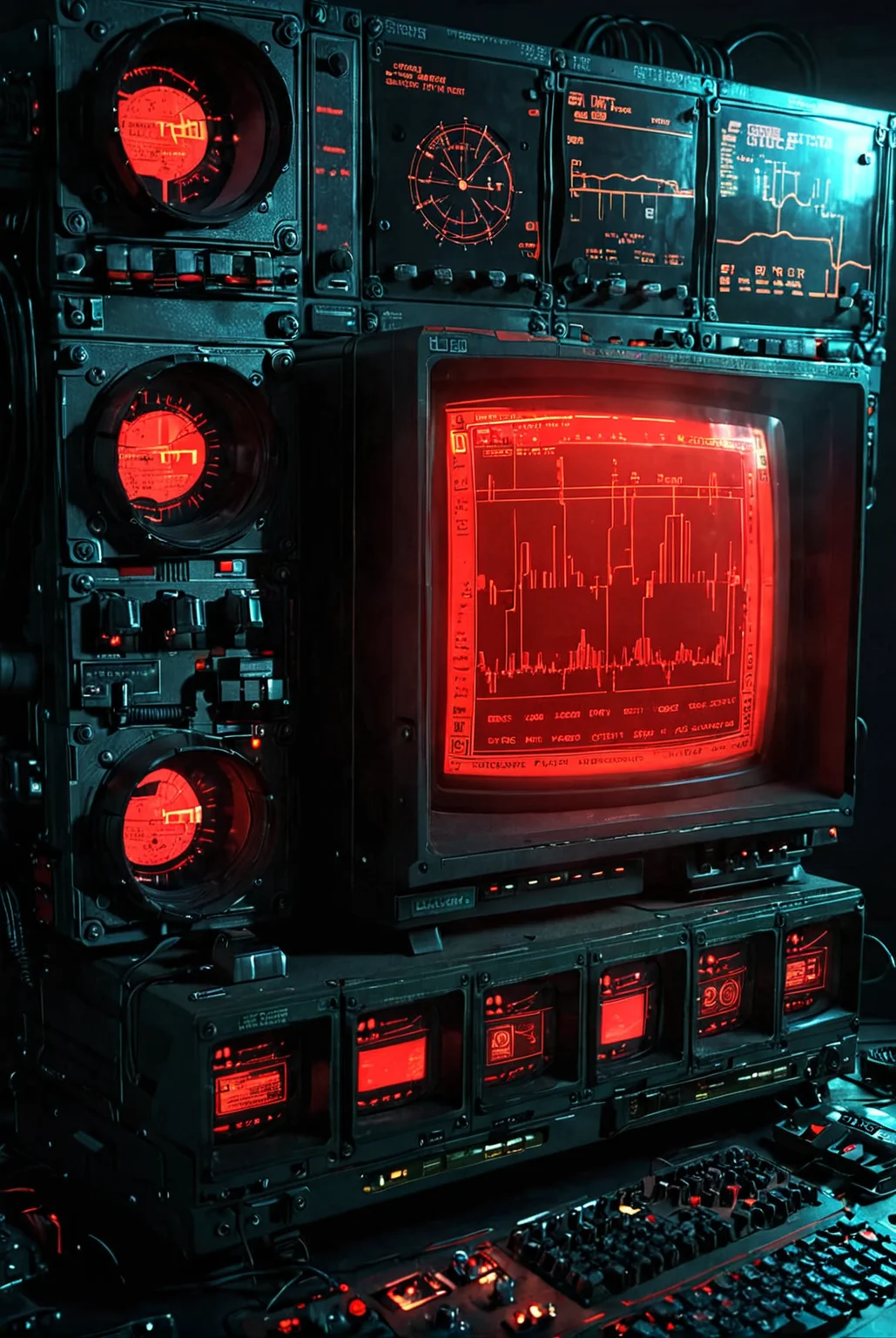 red computer unit, red glowing dials, dark atmosphere, cyberpunk, crt graphics, sin waves, oscilloscope, signals, matrix style
[reflections, realistic soft lighting, realistic, high quality photo, 4k, hd, 7-AnalogueInterfaces]
 <lora:Analogue Interfaces v1.0:0.8> <lora:add-detail-xl:0.5>