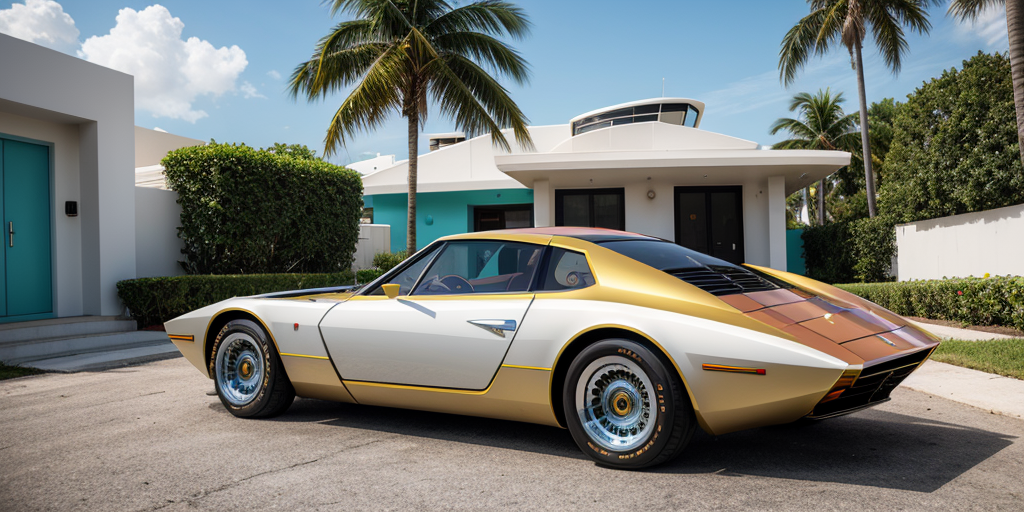Bertone wedge style , concept art, a futuristic chrome and steel 6 wheeled car , pop up headlights and concave rims, white and gold stripes retrofuturism, 1970s , miami sunset, in front of an art deco house , neon, background is aqua ,photorealistic , leica summilux , fuji velvia