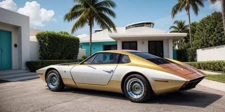 Bertone wedge style , concept art, a futuristic chrome and steel 6 wheeled car , pop up headlights and concave rims, white and gold stripes retrofuturism, 1970s , miami sunset, in front of an art deco house , neon, background is aqua ,photorealistic , leica summilux , fuji velvia