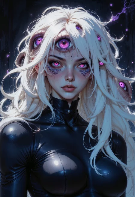a highly detailed digital painting, depicting a girl with a hauntingly surreal appearance. The girl has long, flowing, white hair that is intertwined with multiple human eyes, creating a disturbing yet mesmerizing effect. Her skin is pale and smooth, with a slight blush on her cheeks. Her eyes are an intense, glowing pink, adding to the unsettling aura of the image. She wears a dark, form-fitting outfit that contrasts starkly with her luminous hair and eyes.
The background is dark and indistinct, which makes the subject stand out even more. The camera angle is slightly low and close-up, focusing on her face and upper body. The texture of the hair and eyes is meticulously rendered, giving a lifelike appearance to the otherwise fantastical elements. The overall mood of the painting is eerie and captivating, with a strong emphasis on the surreal and the uncanny.