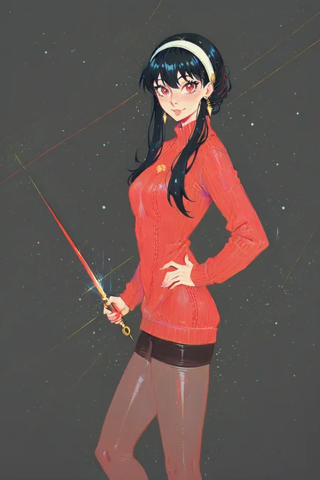 score_9, score_8_up, score_7_up, spy x family, yor briar, black hair, brown pantyhose, earrings, hairband, red eyes, red sweater, sweater, solo, solo focus, portrait, dark background, wide shot,colorful Standing with hands on the hips, leaning slightly backward, <lora:ahad:1>