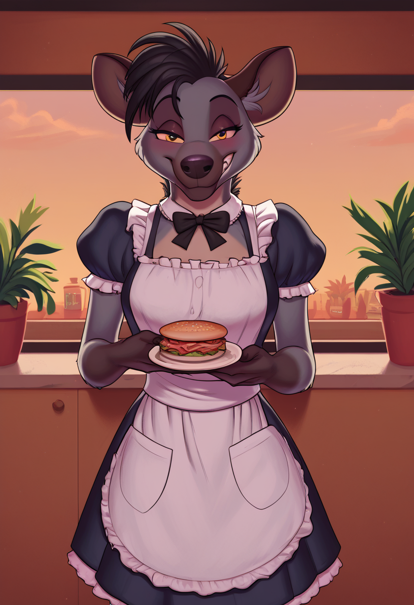 zPDXL, score_9,score_8_up,score_7_up,_up,source_cartoon, best quality, amazing quality, masterpiece, 1girl, looking at viewer, solo, blush,  cute smile,maid, sexy maid outfit, indoor, kitchen, plant in the pot, diner, smug, fullbody,  shenzi, hyena,yellow eyes, grey fur, sharp teeth, furry female,  <lora:shenzi:0.8>, (anthro), standing,  meesh, <lora:Meesh:1>