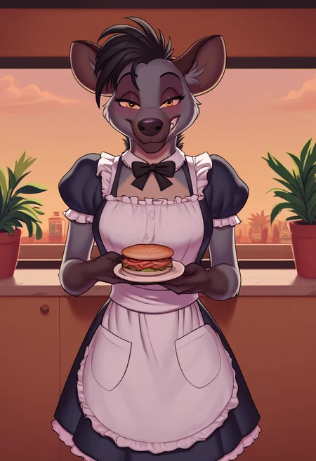 zPDXL, score_9,score_8_up,score_7_up,_up,source_cartoon, best quality, amazing quality, masterpiece, 1girl, looking at viewer, solo, blush,  cute smile,maid, sexy maid outfit, indoor, kitchen, plant in the pot, diner, smug, fullbody,  shenzi, hyena,yellow eyes, grey fur, sharp teeth, furry female,  <lora:shenzi:0.8>, (anthro), standing,  meesh, <lora:Meesh:1>