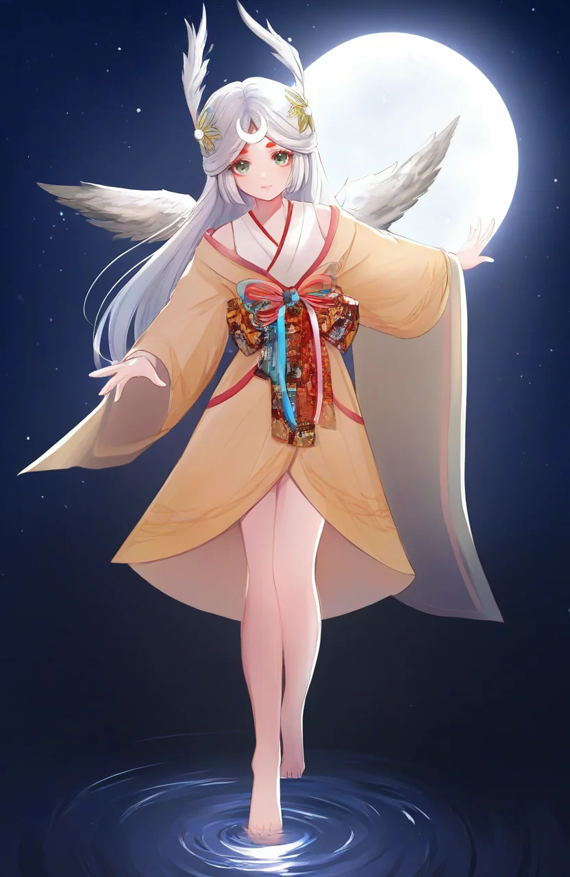 1girl,(pan \(mimi\):0.3),(ame.:0.3),(achiki:0.6),(gomzi:0.5),(alpha \(alpha91\):0.8),
sphuiyeji,parted hair,forehead,sidelocks,silver hair,green eyes,long hair,medium breasts,aged up,thick eyebrows,short eyebrows,red eyeshadow,light smile,colored eyelashes,red eyebrows,head wings,wings,hair ornament,crescent,frilled kimono,japanese clothes,ribbon,off shoulder,full body,barefoot,outstretched arm,on water,night,moon,reflection,moon rabbit,<lora:yysnoob4.1:1>,, masterpiece, newest, absurdres,safe