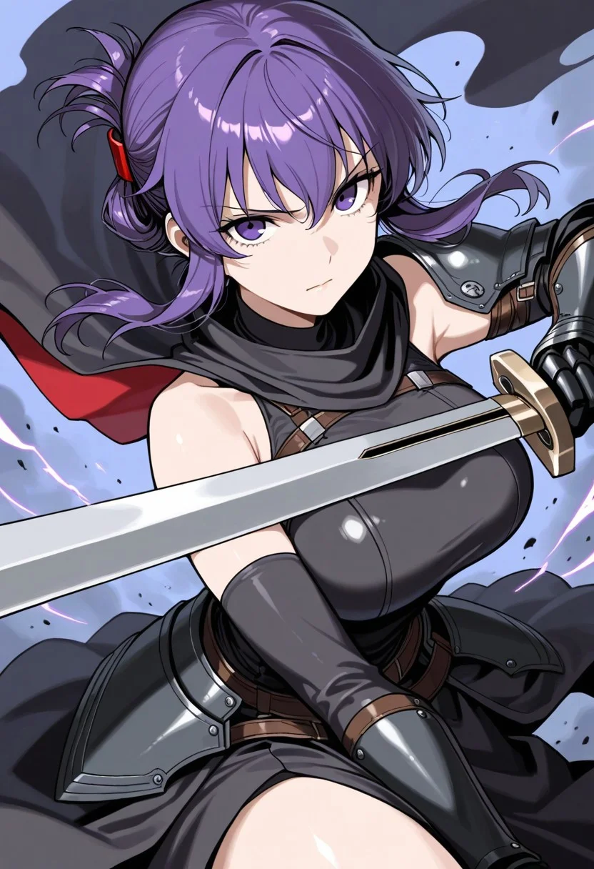 best quality, masterpiece, sfw,
n0m0, sabudenegostyleil,
close-up shot, view from aside,
solo, holding sword, dynamic fighting pose,
1girl,
Matou Sakurai, human, purple hair, purple eyes, folded ponytail,
armor, single shoulder armor, cape, single bare shoulder, clothed,
large breasts,
looking at viewer, closed mouth,