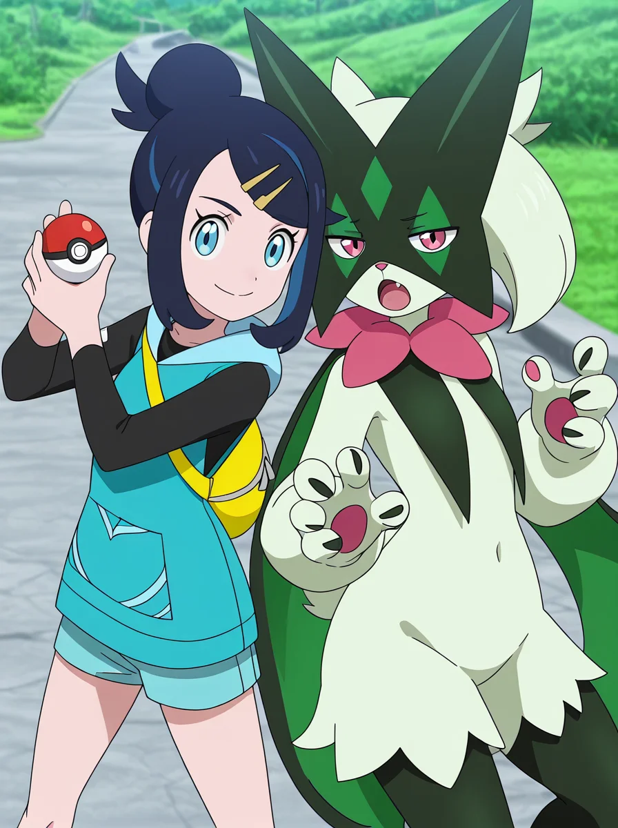 masterpiece, best quality, amazing quality, very aesthetic, absurdres, newest, anime screenshot, anime coloring, 2girls side-by-side, looking at viewer,
BREAK<lora:likoV2:0.8>likomegavoltage, long sleeves, 1girl, hair ornament, , blue eyes, black hair, smile, bag, shorts, single hair bun, blue hair looking at viewer, fighting stance pointing at viewer, holding poke ball,
BREAK meowscarada, 1girl, pokemon, furry female, fighting stance, open mouth, paws