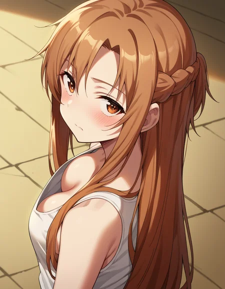 score_9, score_8_up, score_7_up, source_anime, asunayuuki, <lora:asuna-yuuki-s1-ponyxl-lora-nochekaiser:1>, asuna yuuki, long hair, brown hair, brown eyes, medium breasts,, <lora:downblouse-from-behind-ponyxl-lora-nochekaiser:1>, downblouse from behind, downblouse, from behind,, blush, tank top, white tank top, cleavage, from above, nape, head down, looking at viewer, looking back, looking up, sideways glance,,
