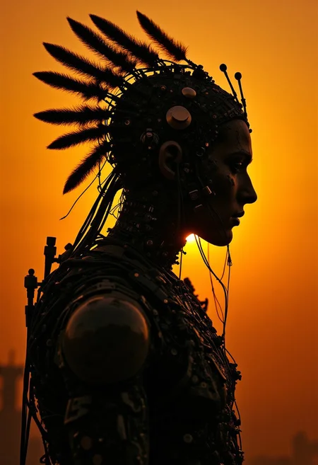 Sideview of a aztec Priest cyborg Made of intricate mechanical parts and wires, the light shines through his large fearthers headdress Silhouette Made of wires and cables, moody, golden hour lighting, volumetric lighting