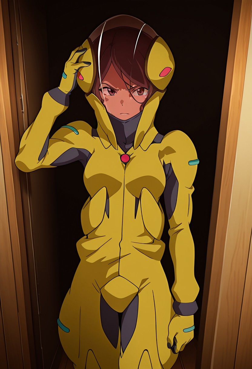 ((masterpiece, absurdres)), best quality, amazing quality, newest, anime coloring, very aesthetic, ray tracing, Smooth Quality, CG, ,Lessie Adonel ,pilot helmet, yellow pilotsuit,,indoor, at room ,,solo,pilotshoes