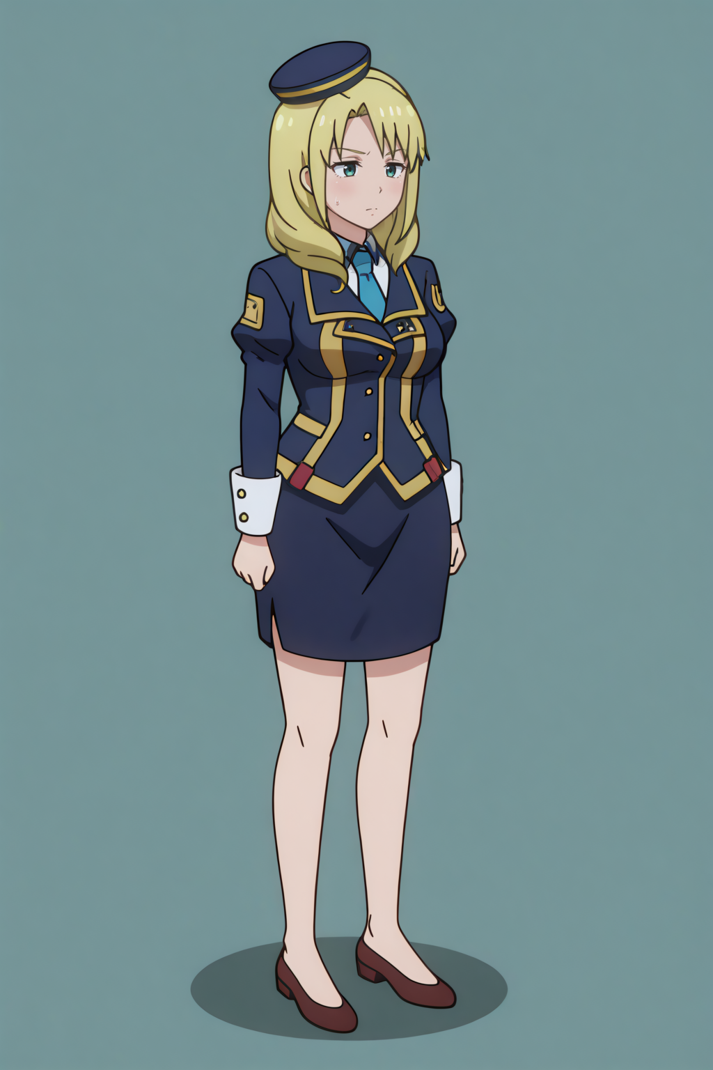 newest, full body, Elina Pitterson,  collared shirt, pencil skirt, sleeve cuffs, military uniform, jacket, long sleeves, hat <lora:Konosuba_Bakuen_-_Elina_Pitterson_-_illustrious:0.8>