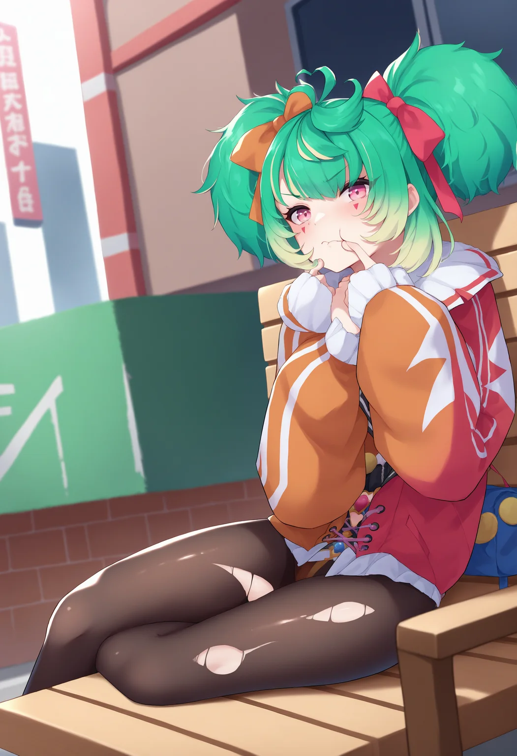 score_9, score_7_up, source_anime, uncensored, 1girl, 
 <lora:spconiConfettiXLPony:1> conidef, green hair, twintails, multicolored hair, heart ahoge, pink eyes, facial mark, hair ribbon, hair bow, jacket, multicolored clothes, pantyhose, torn clothes, finger to own chin, doubt, street, sitting, bench