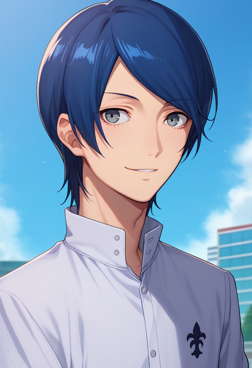 score_9, score_7_up, source_anime 
yusuke, 1boy, male focus, solo, grey eyes, blue hair, short hair, swept bangs, school uniform, shirt, white shirt, collared shirt, long sleeves, smile
outdoor, sky