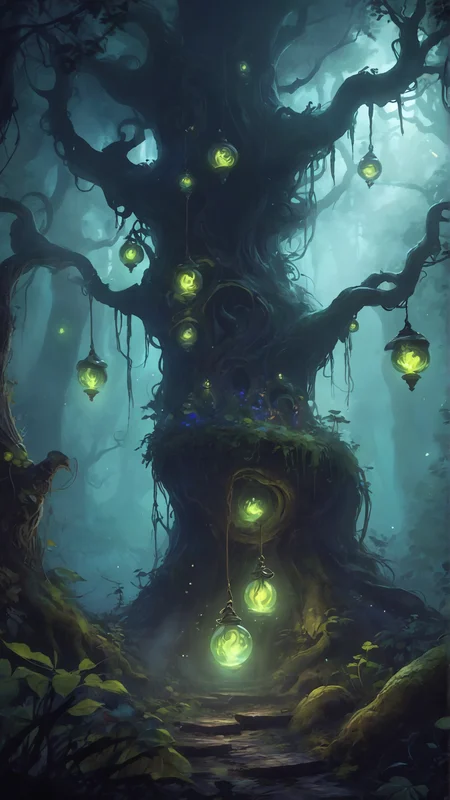 zPDXL3, score_9, score_8_up, score_7_up,
Witch’s forest, swirling mist, glowing potions hanging from trees, dark undergrowth