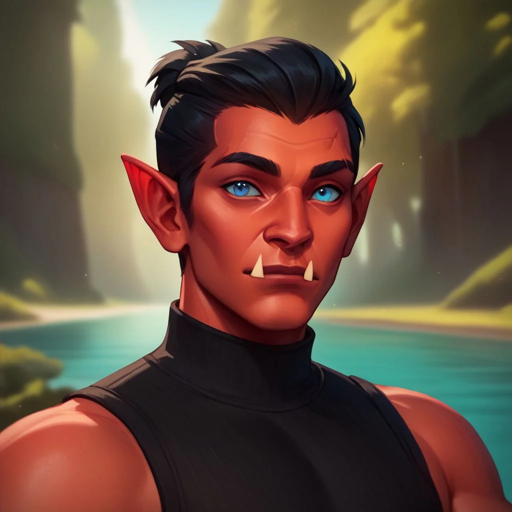 (((beautiful, high quality))), upper body, score_9, score_8_up, score_7_up, solo,
looks at the viewer,
Hobgoblin, red skin, fangs, big nose, 1boy, male focus, blue eyes, black hair, black sleeveless turtleneck,
outdoor, fantasy background, nature, blurred background,