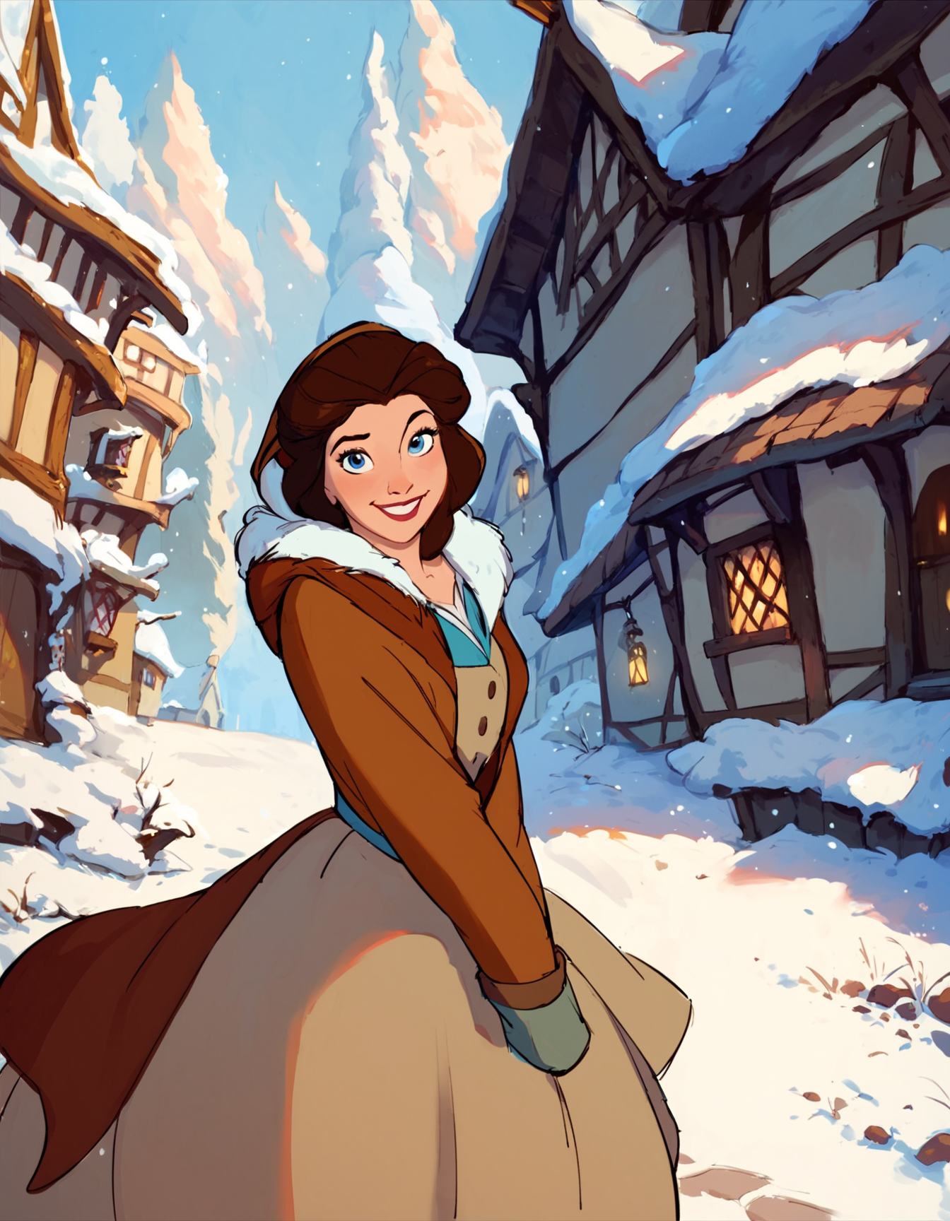 score_9, score_8_up, score_7_up, score_6_up, disney animation, 
Belle, female, hood, brown hair, blue  eyes, fur trim, looking at viewer, smile, snow, village, fantasy,
<lora:Disney_Animation_Pony_v1:1> ,