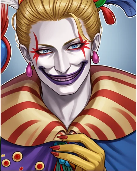 kefka, blonde hair, 1boy, male focus, earrings, smile <lora:Kefka_FORPONY-10:1>clown, facepaint, cape, gloves, lipstick, earrings, evil smile, feathers