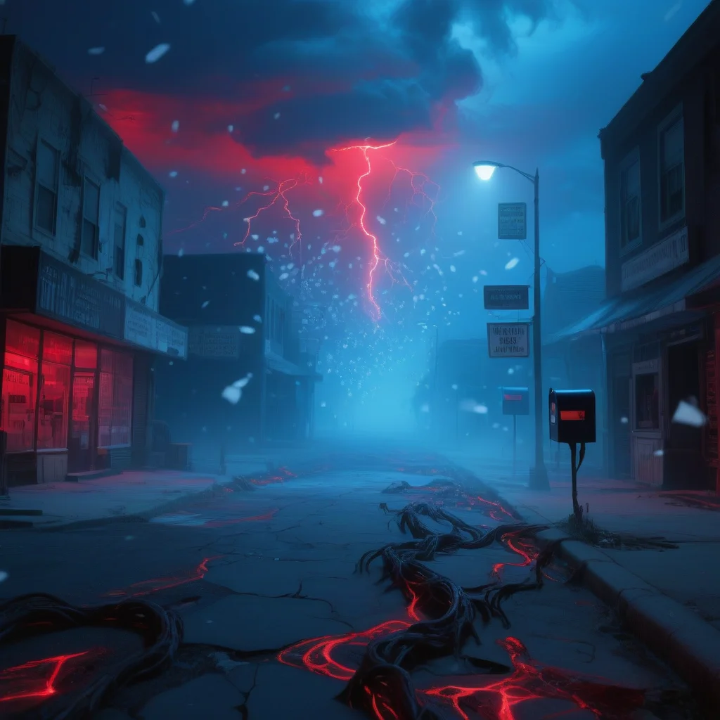 upsdownstrangthing, upsidedownstrangerth, upsidedownst, small american town street swallowed by alien corruption, cracked pavement covered in dark tendrils, glowing red veins pulsing along sidewalks, abandoned shops and broken streetlights, sky filled with deep red and blue storm clouds, bright red lightning in the distance, thick swarms of glowing white particles float like slow-motion ash, mailboxes and signs twisted out of shape, eerie silence, fog creeping between buildings, cinematic horror wide shot, ultra detailed, surreal dark dimension, bathed in cold blue ambient light, all colors desaturated and lifeless, pale bluish tones cover the scene, no natural warmth, architecture and ground washed in eerie blue glow