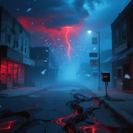 upsdownstrangthing, upsidedownstrangerth, upsidedownst, small american town street swallowed by alien corruption, cracked pavement covered in dark tendrils, glowing red veins pulsing along sidewalks, abandoned shops and broken streetlights, sky filled with deep red and blue storm clouds, bright red lightning in the distance, thick swarms of glowing white particles float like slow-motion ash, mailboxes and signs twisted out of shape, eerie silence, fog creeping between buildings, cinematic horror wide shot, ultra detailed, surreal dark dimension, bathed in cold blue ambient light, all colors desaturated and lifeless, pale bluish tones cover the scene, no natural warmth, architecture and ground washed in eerie blue glow