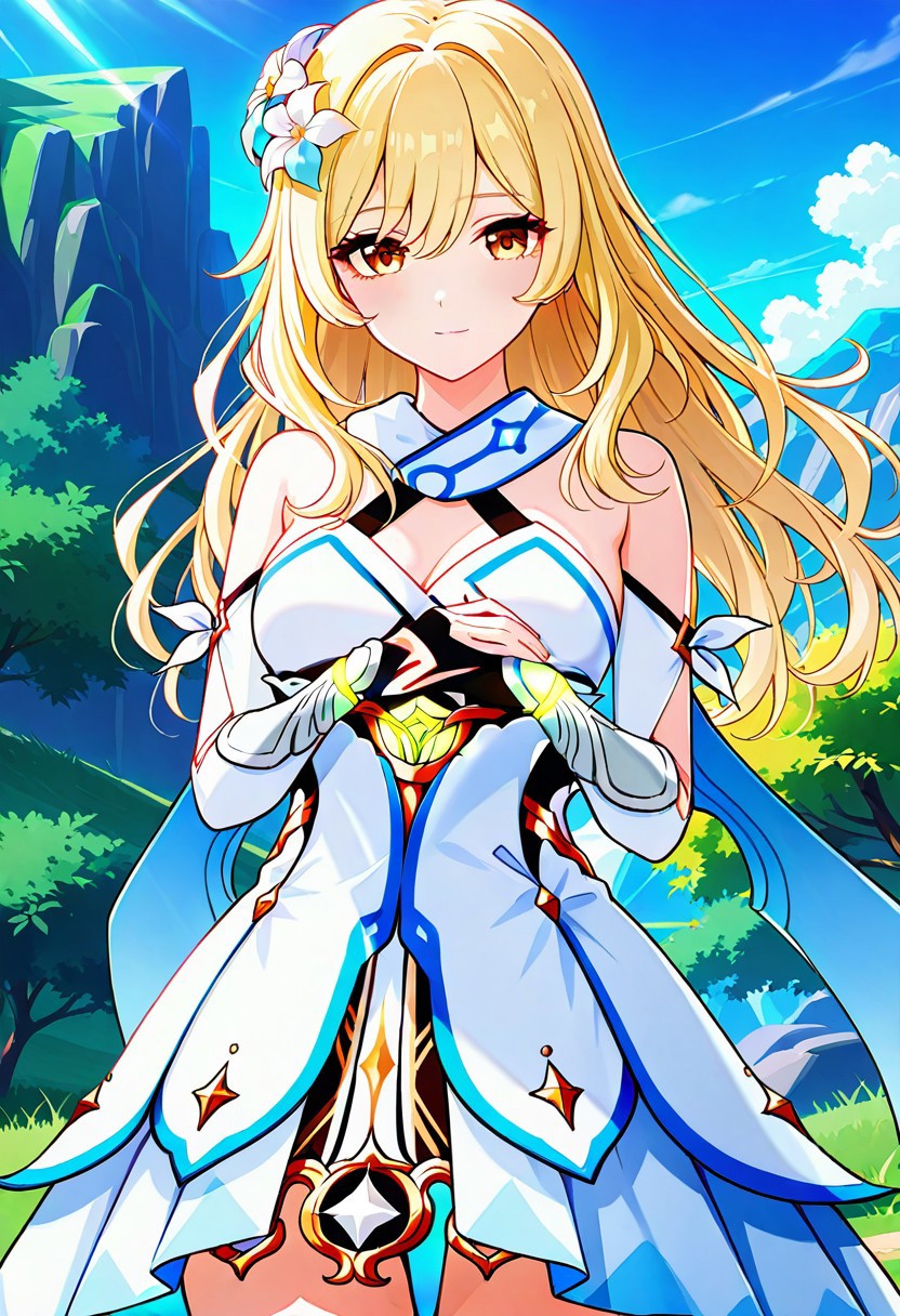 absurdres, best quality, masterpiece, amazing quality, highres, newest, detailed, source anime, anime coloring, beautiful, fantasy, outdoors, 
BREAK
1girl, solo, KijHyou, brown eyes, blonde hair, long hair,, wavy hair, light smile, light blush, looking at viewer,
BREAK
cosplay, lumine \(genshin impact\) \(Cosplay\)