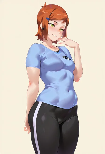 Un0 M4k0t0,
Gwen Tennyson (Ben 10)
1girls, small breasts, solo, green eyes,  standing, blush, simple background, arrogant smile, blue top, yoga pants,