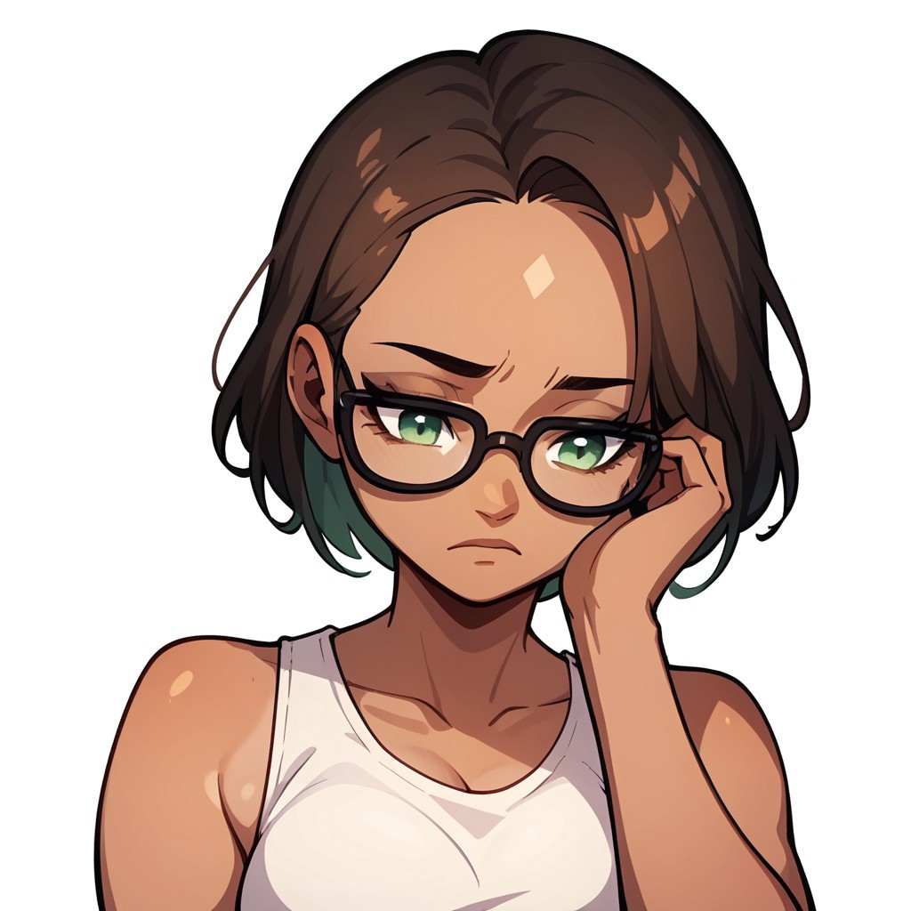 em0te art style, score_9, score_8_up, score_7_up, score_6_up, solo, female, short brown hair, green eyes, black-framed glasses, tan skin, white tank top, white background, hand against forehead, closed eyes, looking down