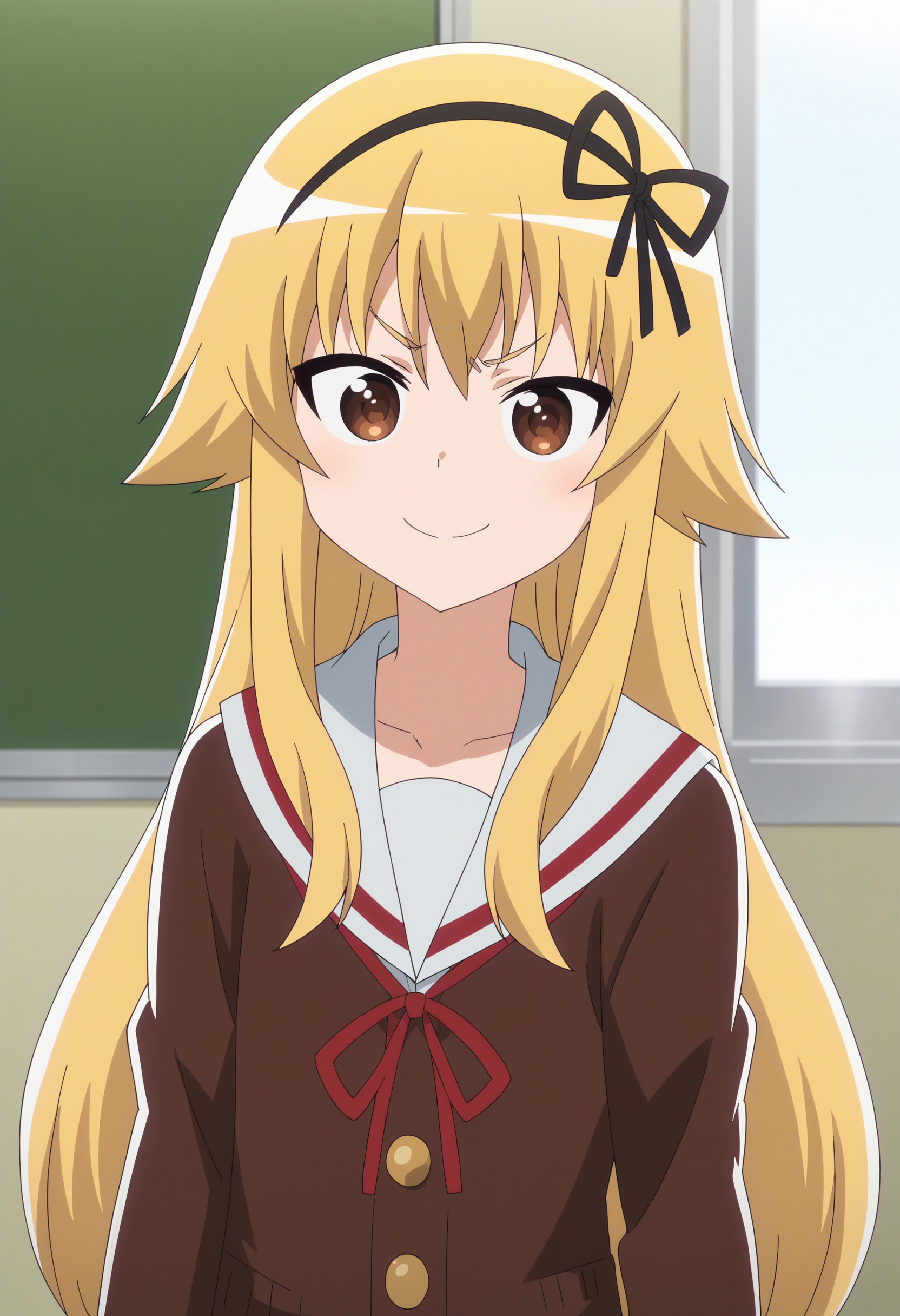score_9, score_8_up, score_7_up, score_6_up, score_5_up, score_4_up , anime coloring ,BREAK source_anime, anime,screencap,
1girl, solo, suetsugi, long hair, bangs, skirt, blonde hair, thighhighs, long sleeves, ribbon, brown eyes, school uniform, pleated skirt, hairband, shoes, serafuku, black thighhighs, sailor collar, zettai ryouiki, v-shaped eyebrows, black ribbon, neck ribbon, cardigan, grey skirt, uwabaki, <lora:PonyXL Suetsugi:1>
indoors, upper body, smile, looking at viewer,