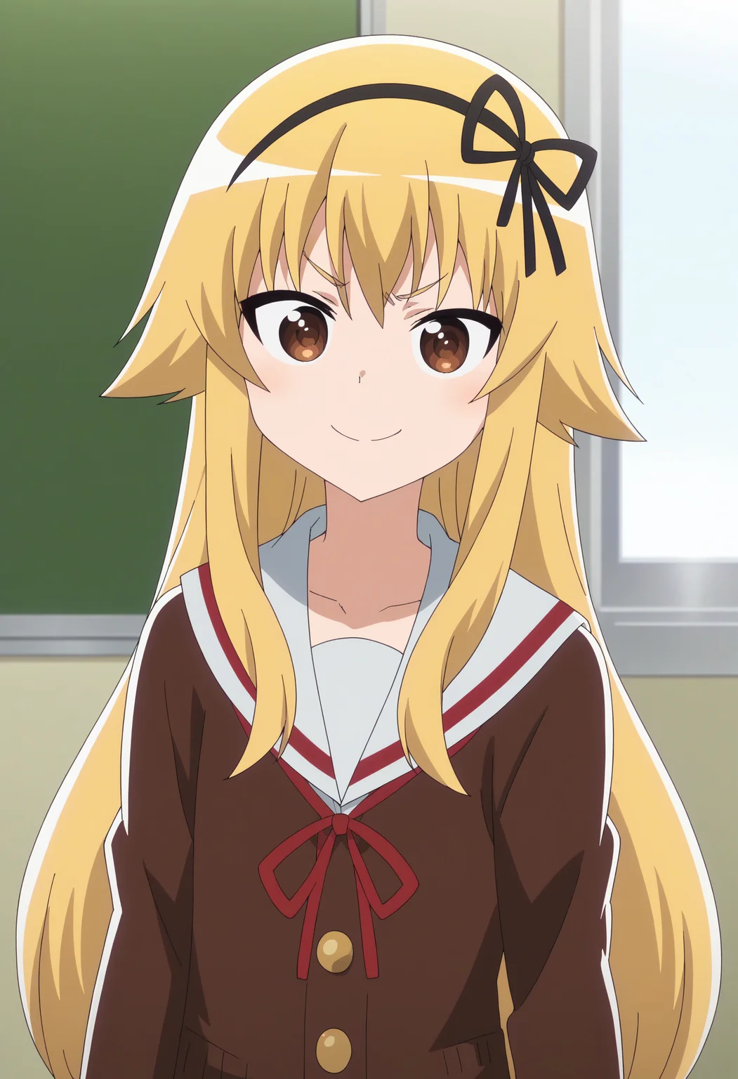 score_9, score_8_up, score_7_up, score_6_up, score_5_up, score_4_up , anime coloring ,BREAK source_anime, anime,screencap,
1girl, solo, suetsugi, long hair, bangs, skirt, blonde hair, thighhighs, long sleeves, ribbon, brown eyes, school uniform, pleated skirt, hairband, shoes, serafuku, black thighhighs, sailor collar, zettai ryouiki, v-shaped eyebrows, black ribbon, neck ribbon, cardigan, grey skirt, uwabaki, <lora:PonyXL Suetsugi:1>
indoors, upper body, smile, looking at viewer,