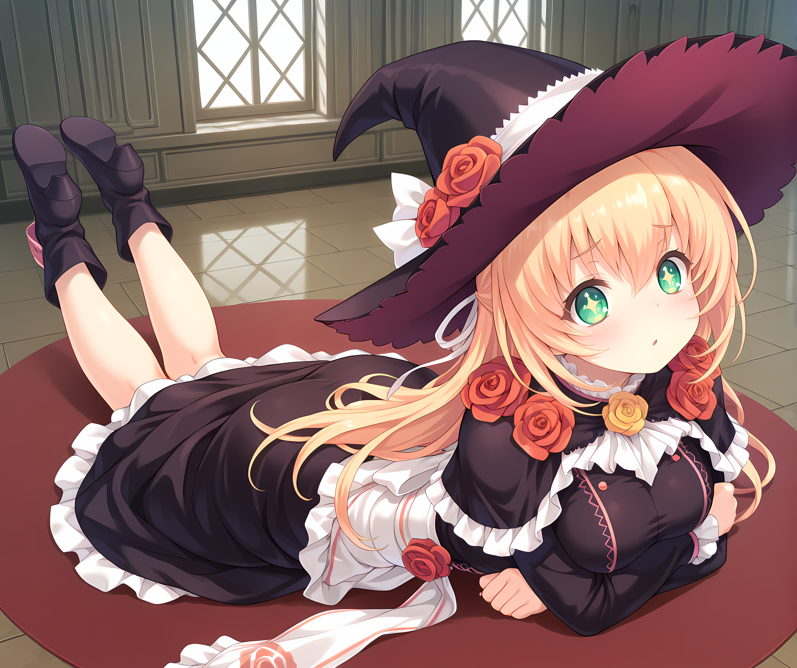 <lora:Alicia_Close_ã¢ãªã·ã¢ã¯ã­ã¼ãº_-_Escude_-_Relord:0.7>,aliclose,blonde hair,long hair,green eyes,+_+,medium breasts,indoors,black dress,apron dress,sash,rose,hair ribbon,witch hat,full body,on stomach,from above,, masterpiece,best quality,amazing quality, very aesthetic, absurdres,detailed eyes,ultra-detailed,