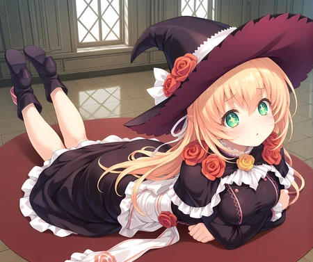 <lora:Alicia_Close_ã¢ãªã·ã¢ã¯ã­ã¼ãº_-_Escude_-_Relord:0.7>,aliclose,blonde hair,long hair,green eyes,+_+,medium breasts,indoors,black dress,apron dress,sash,rose,hair ribbon,witch hat,full body,on stomach,from above,, masterpiece,best quality,amazing quality, very aesthetic, absurdres,detailed eyes,ultra-detailed,