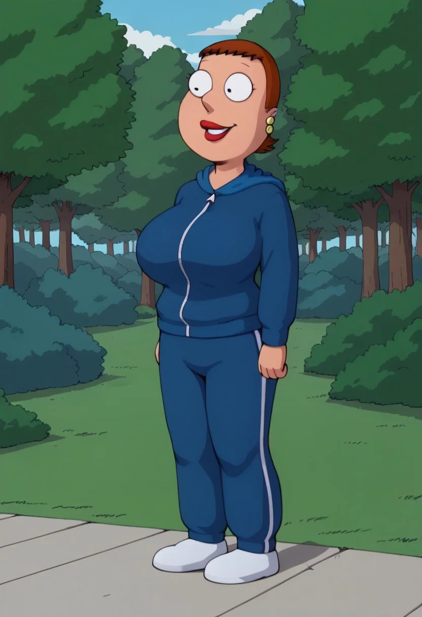 score_9_up, score_8_up, BREAK, high quality, Jennifer, 1girl, solo, brown hair, short hair, black eyes, derp eyes, lipstick, earrings, huge breasts, hips, thighs, hoodie, pants, white footwear, outdoors, forest