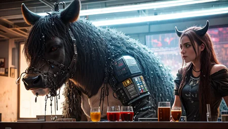 anime illustration, close up portrait of a tough cow wearing a shirt, taking a drink at a cyberpunk club, look at the viewer, intricate, elegant, highly detailed, fur detail, futuristic cyberpunk background, highly detailed, 8k, cow, an art deco sculpture by Edward Armitage , [:anime line art:0.2], Water and Metal and Poison and solar themed, epic splash art , neo-primitivism, , realistic